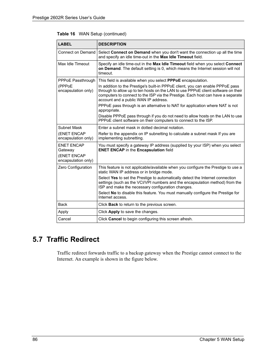 7 traffic redirect | ZyXEL Communications Prestige 2602R Series User Manual | Page 86 / 450