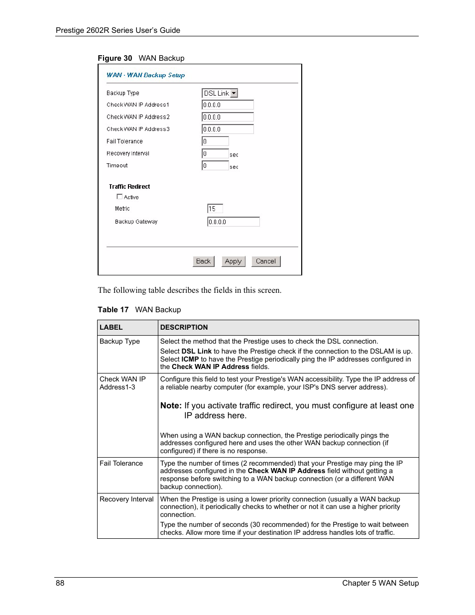 Figure 30 wan backup, Table 17 wan backup | ZyXEL Communications Prestige 2602R Series User Manual | Page 88 / 450