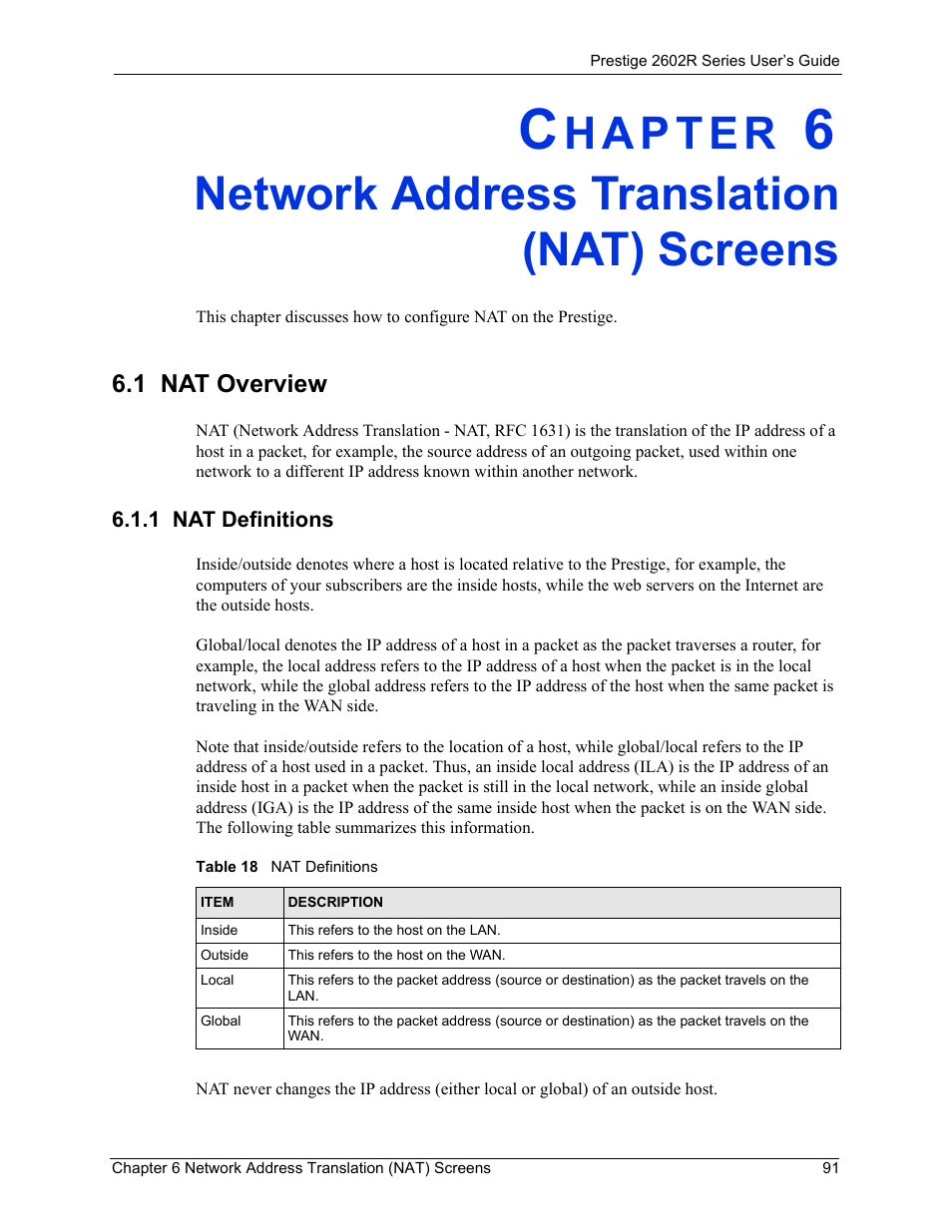 Network address translation (nat) screens, 1 nat overview, 1 nat definitions | Table 18 nat definitions | ZyXEL Communications Prestige 2602R Series User Manual | Page 91 / 450