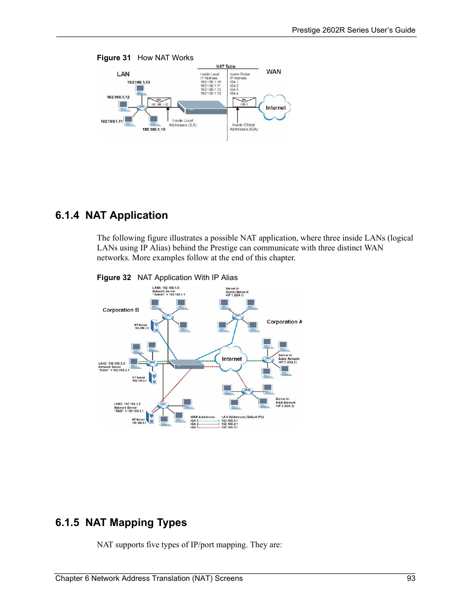 4 nat application, 5 nat mapping types, 4 nat application 6.1.5 nat mapping types | ZyXEL Communications Prestige 2602R Series User Manual | Page 93 / 450