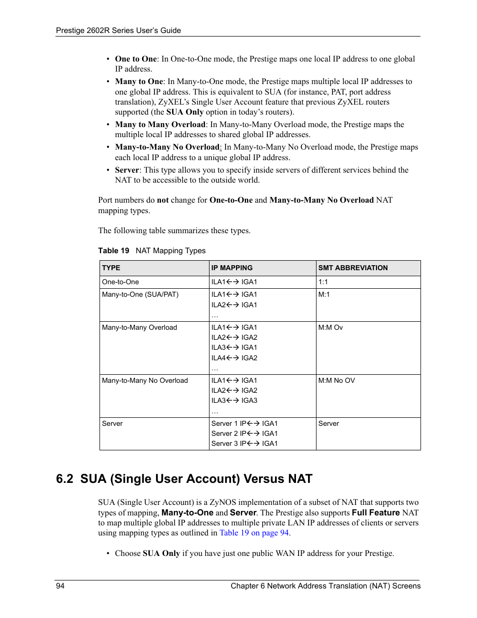 2 sua (single user account) versus nat, Table 19 nat mapping types | ZyXEL Communications Prestige 2602R Series User Manual | Page 94 / 450