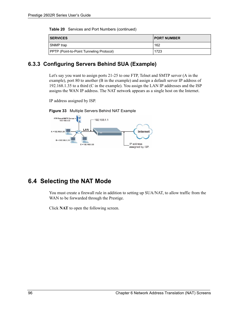 3 configuring servers behind sua (example), 4 selecting the nat mode, Figure 33 multiple servers behind nat example | ZyXEL Communications Prestige 2602R Series User Manual | Page 96 / 450