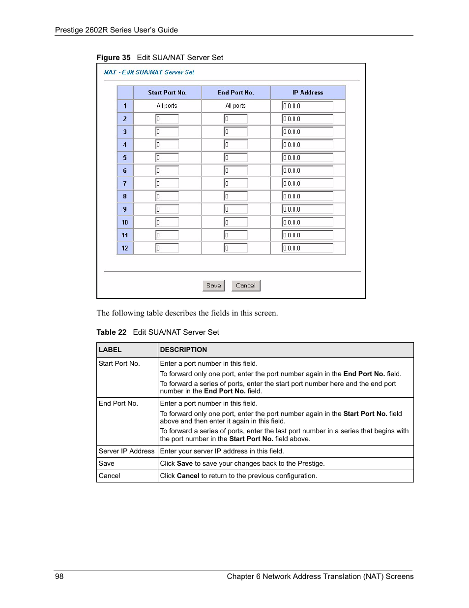 Figure 35 edit sua/nat server set, Table 22 edit sua/nat server set | ZyXEL Communications Prestige 2602R Series User Manual | Page 98 / 450