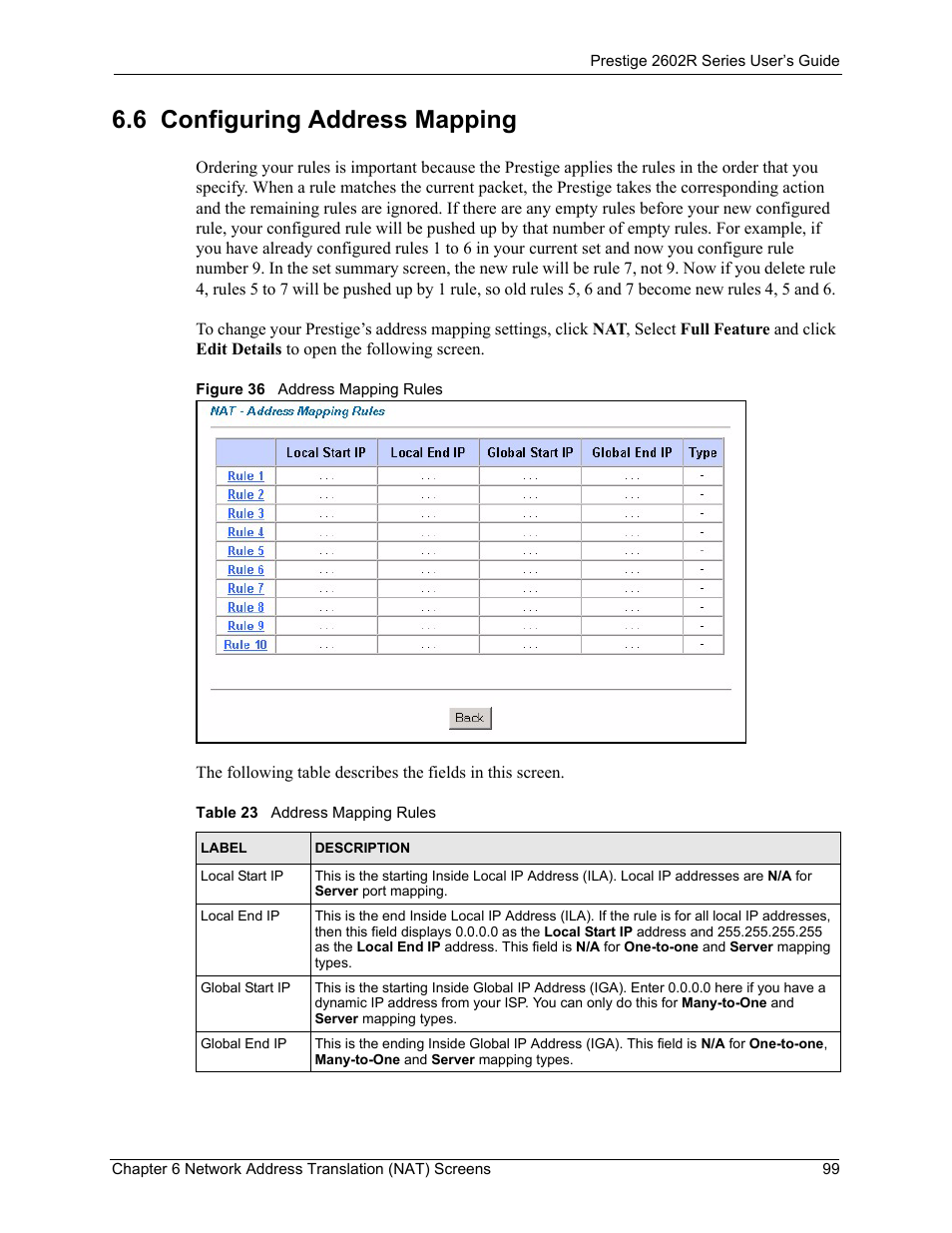 6 configuring address mapping, Figure 36 address mapping rules, Table 23 address mapping rules | ZyXEL Communications Prestige 2602R Series User Manual | Page 99 / 450