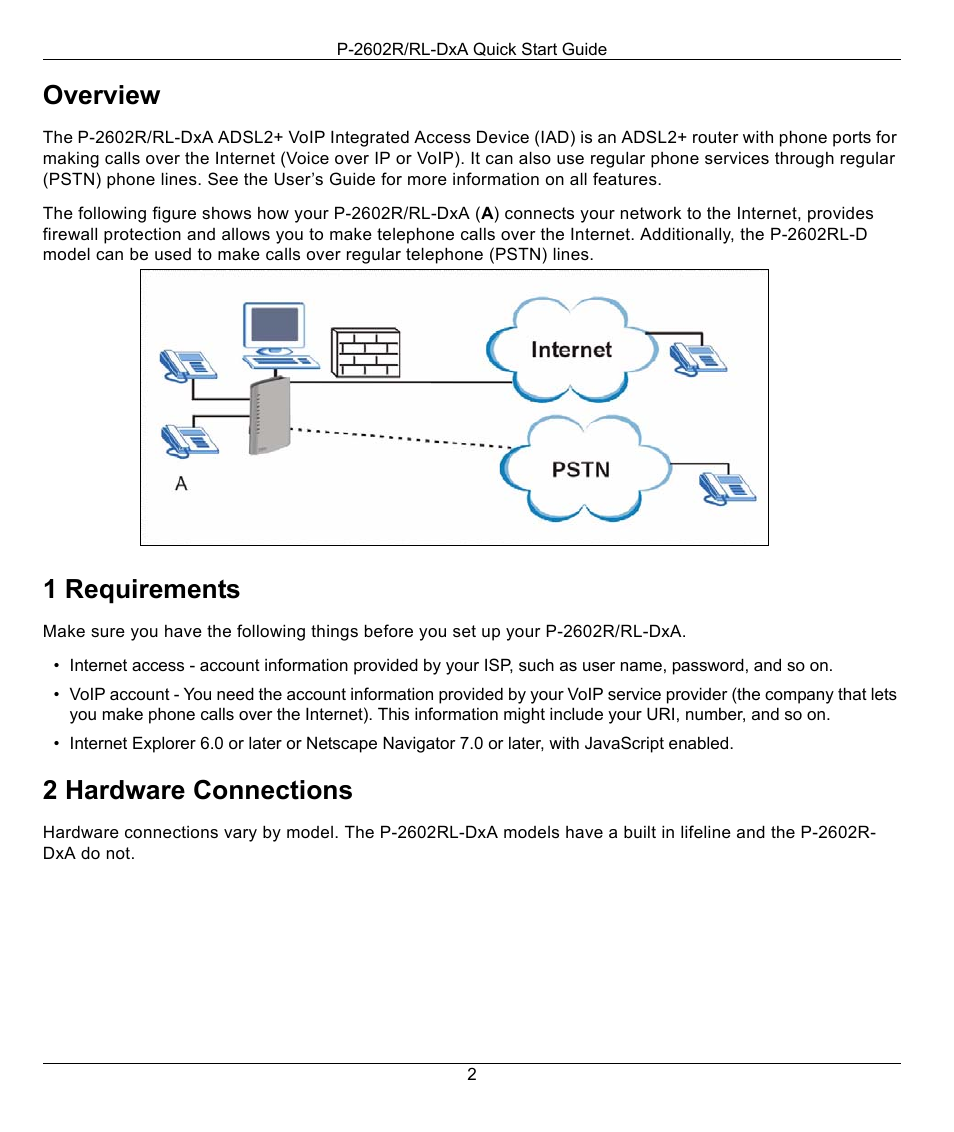 Overview, 1 requirements, 2 hardware connections | ZyXEL Communications P-2602R/RL-DXA User Manual | Page 2 / 11