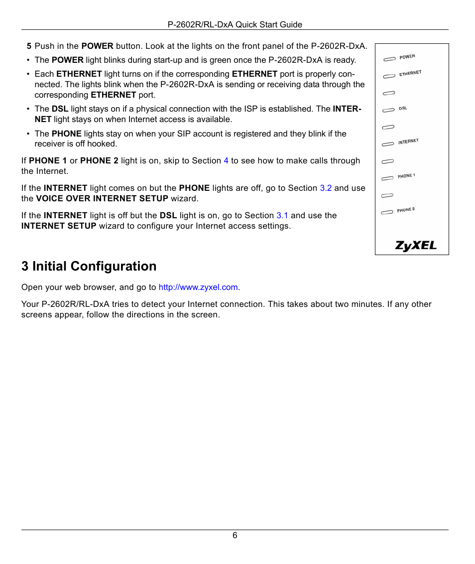 3 initial configuration | ZyXEL Communications P-2602R/RL-DXA User Manual | Page 6 / 11