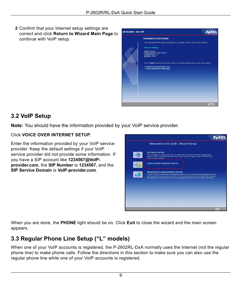 2 voip setup, 3 regular phone line setup (“l” models) | ZyXEL Communications P-2602R/RL-DXA User Manual | Page 9 / 11