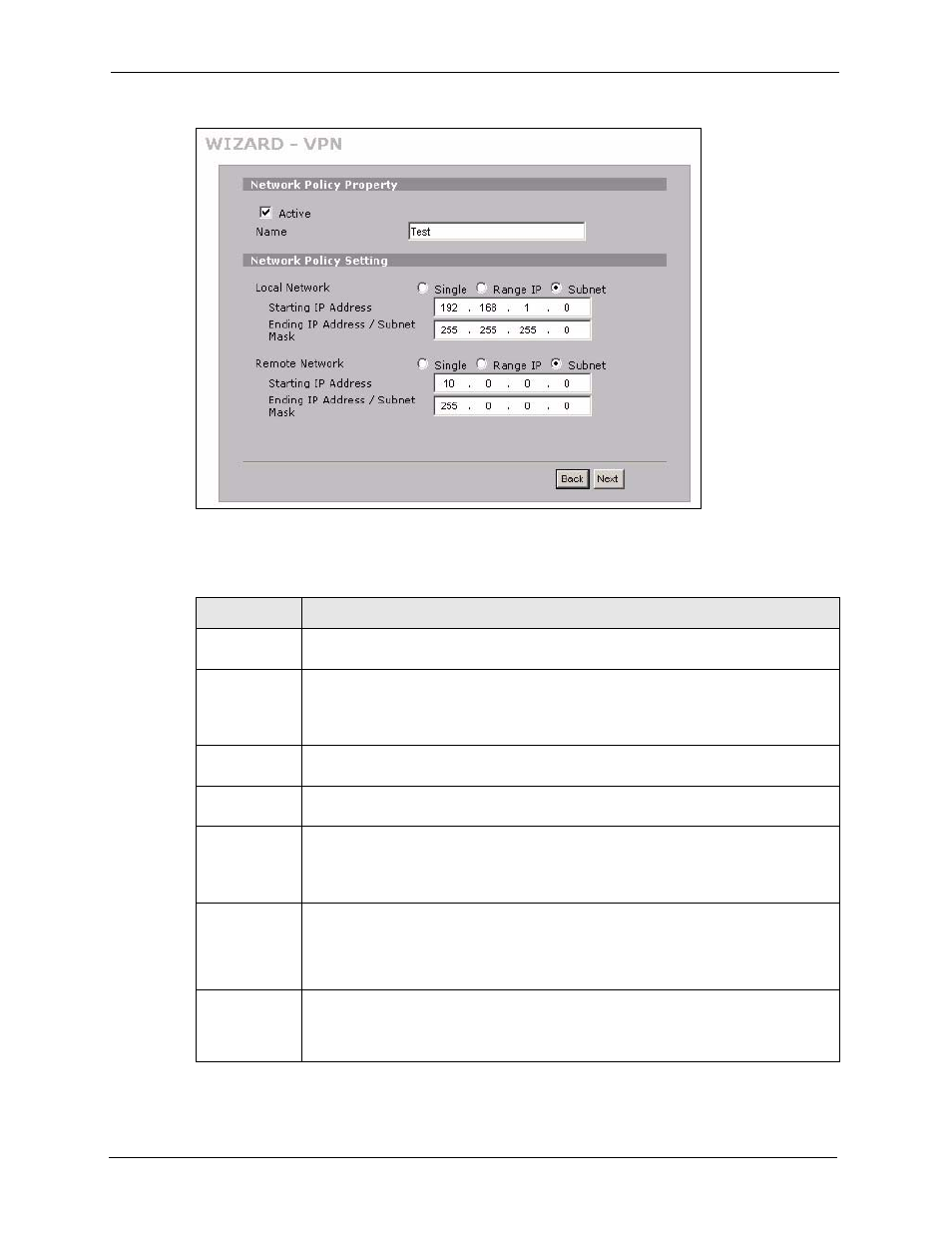 Figure 30 vpn wizard: network setting, Table 17 vpn wizard: network setting | ZyXEL Communications 5 Series User Manual | Page 102 / 835