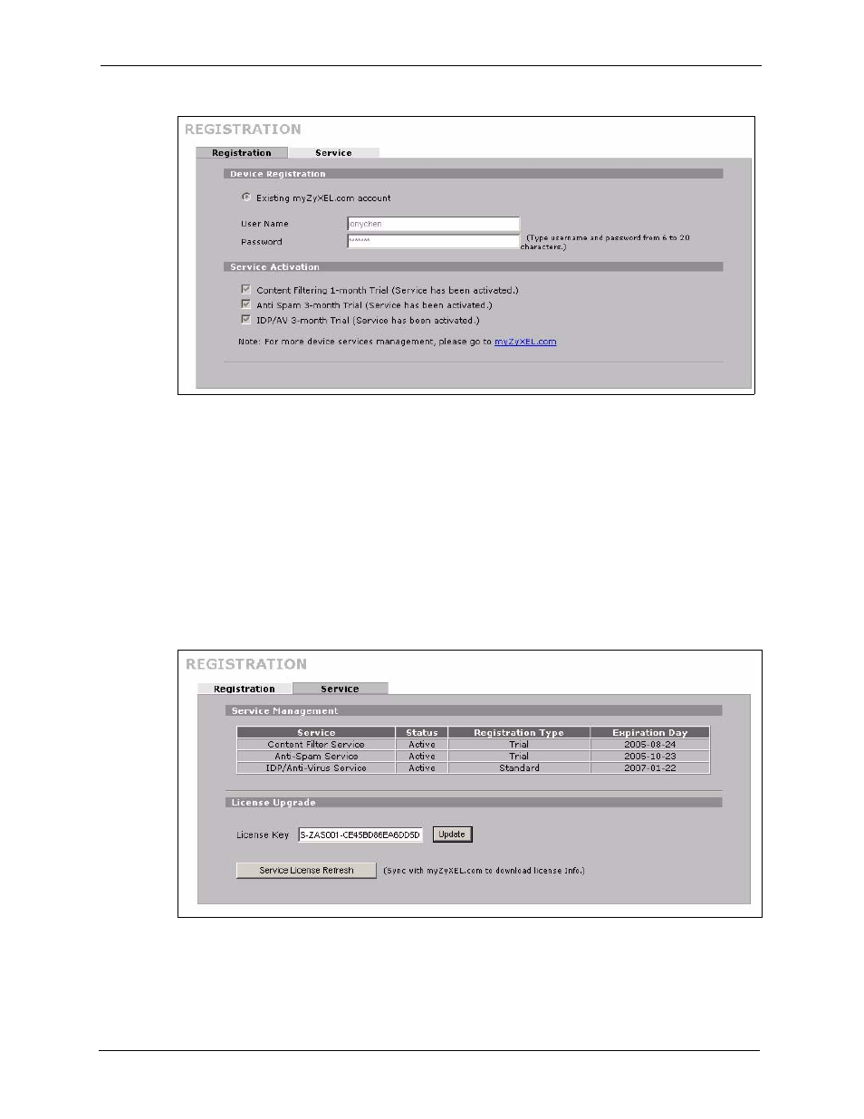 3 service, Figure 49 registration: registered device, Figure 50 registration > service | ZyXEL Communications 5 Series User Manual | Page 126 / 835