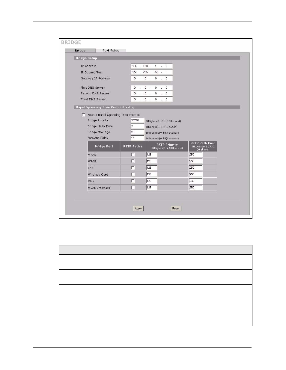 Figure 59 network > bridge, Table 29 network > bridge | ZyXEL Communications 5 Series User Manual | Page 144 / 835