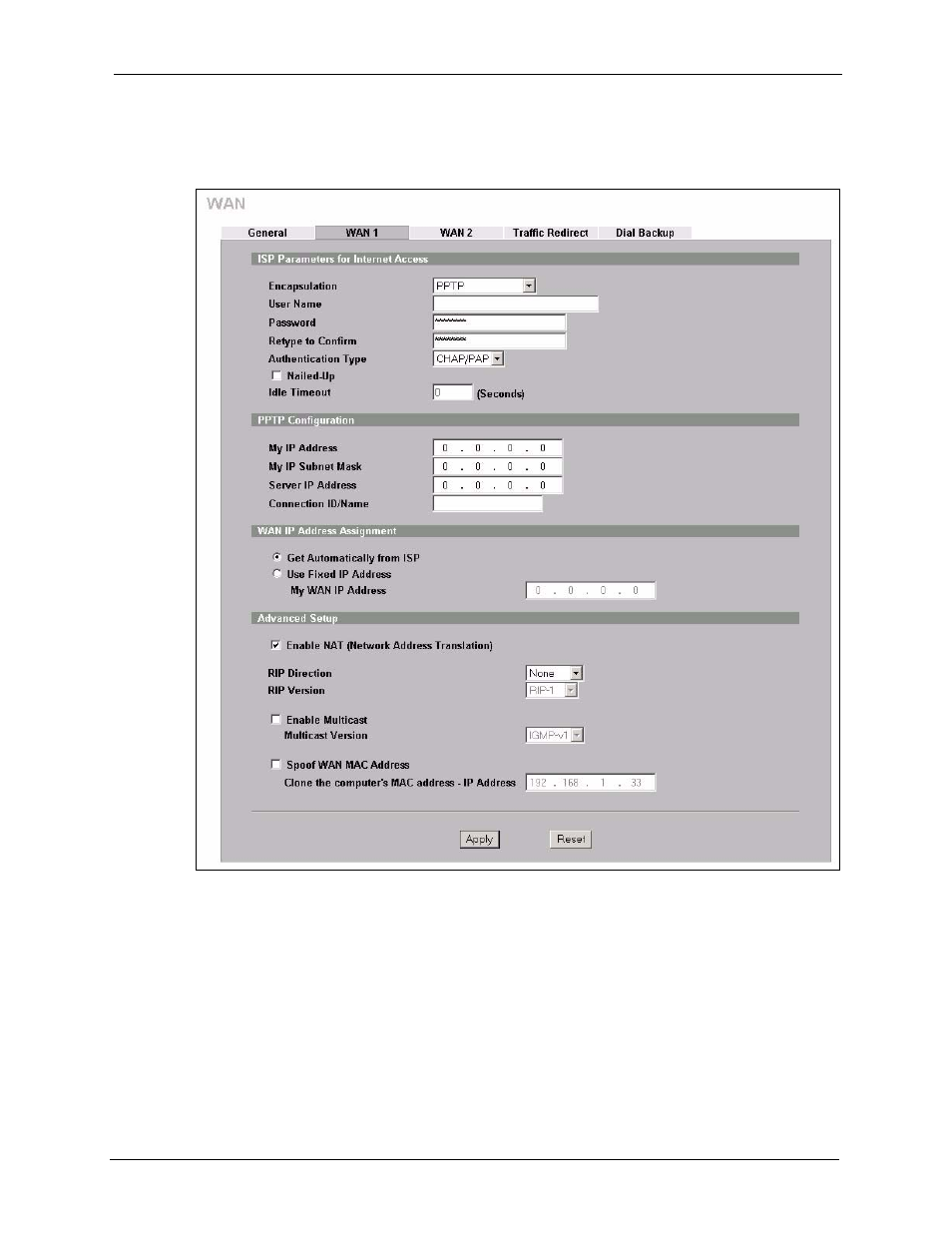 Figure 72 network > wan > wan (pptp encapsulation) | ZyXEL Communications 5 Series User Manual | Page 167 / 835
