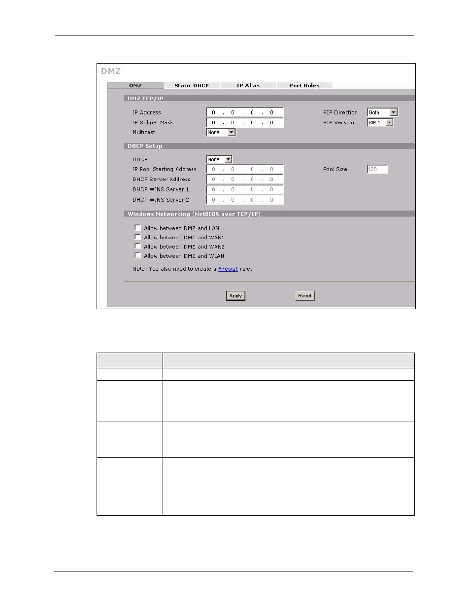 Figure 78 network > dmz, Table 46 network > dmz | ZyXEL Communications 5 Series User Manual | Page 180 / 835