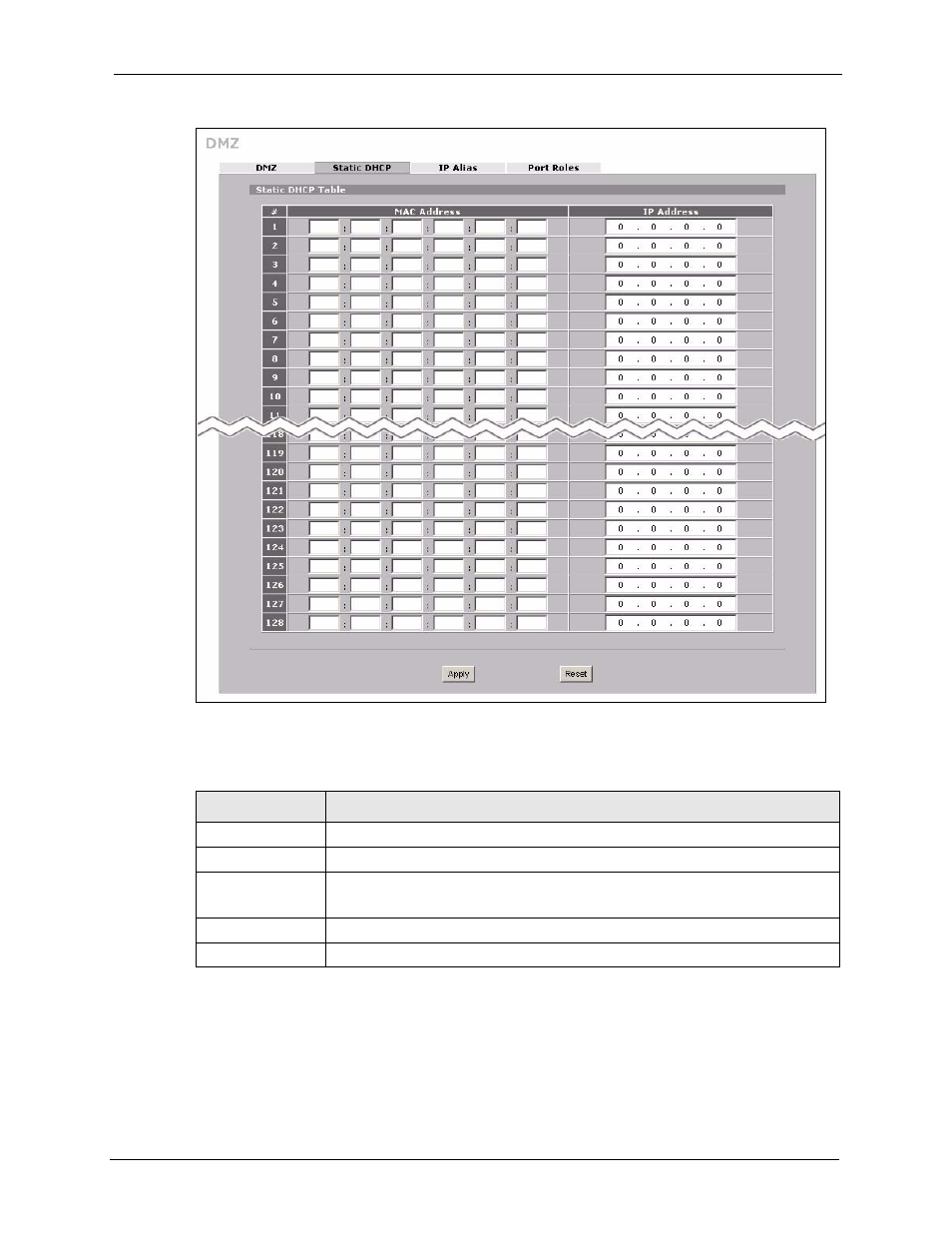 4 dmz ip alias, Figure 79 network > dmz > static dhcp, Table 47 network > dmz > static dhcp | ZyXEL Communications 5 Series User Manual | Page 183 / 835