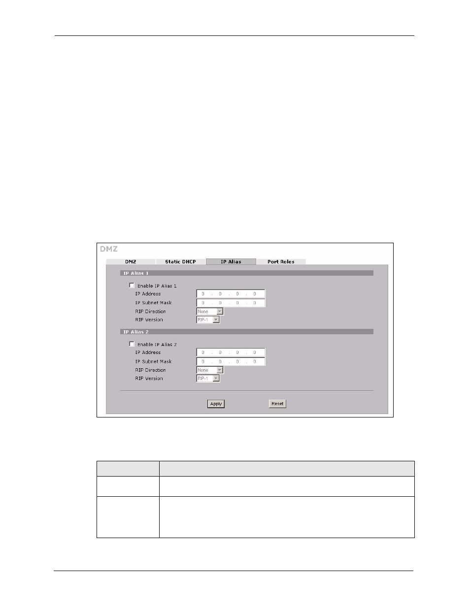 Figure 80 network > dmz > ip alias, Table 48 network > dmz > ip alias | ZyXEL Communications 5 Series User Manual | Page 184 / 835
