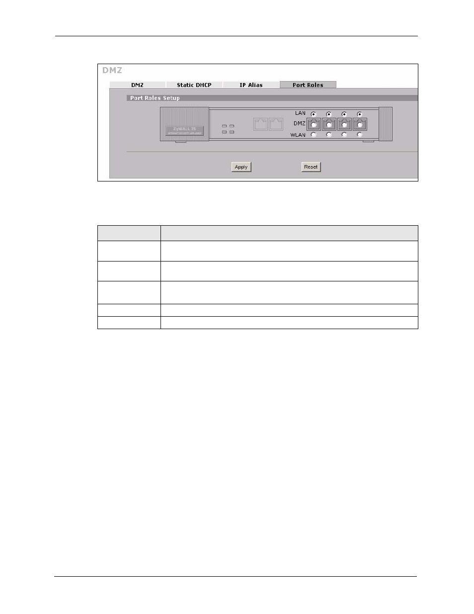 Figure 83 network > dmz > port roles, Table 49 network > dmz > port roles | ZyXEL Communications 5 Series User Manual | Page 188 / 835