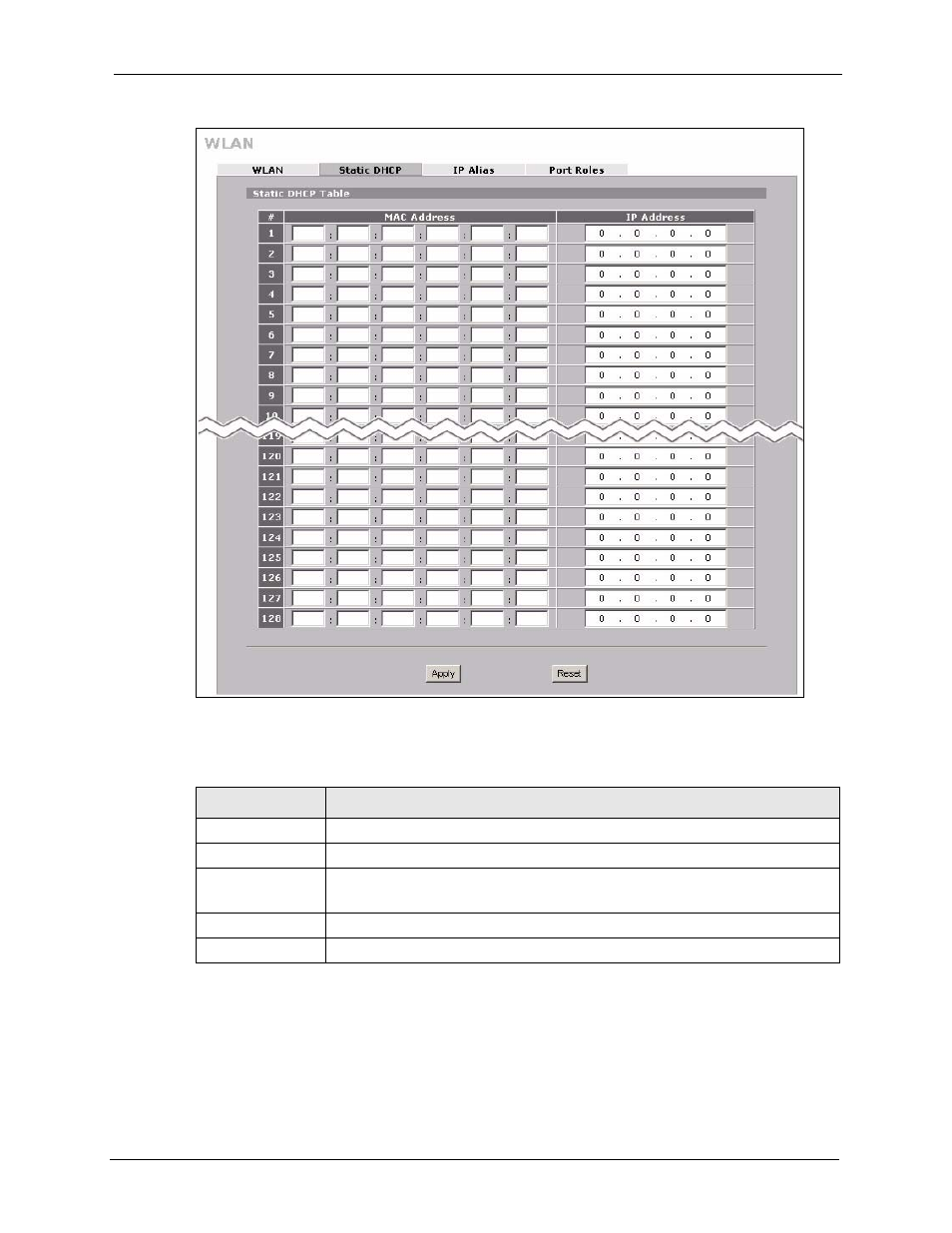 4 wlan ip alias, Figure 85 network > wlan > static dhcp, Table 51 network > wlan > static dhcp | ZyXEL Communications 5 Series User Manual | Page 193 / 835