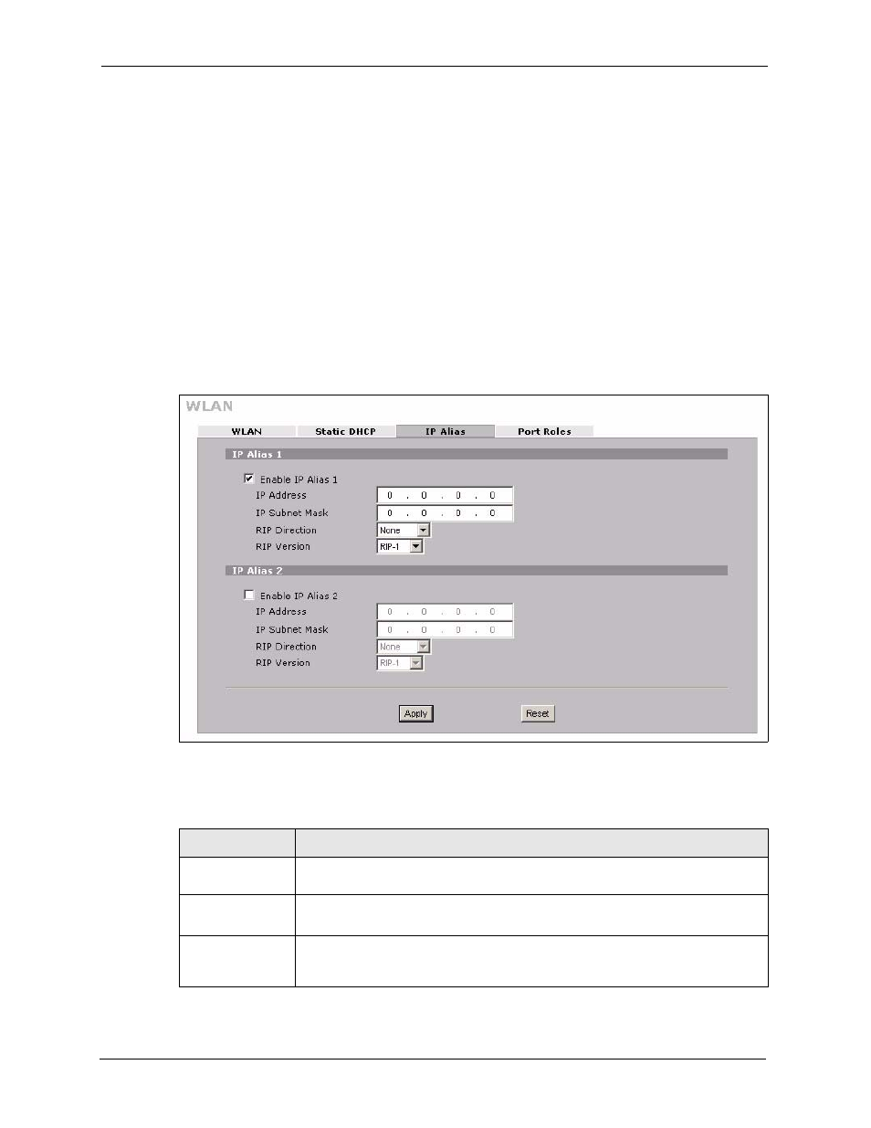 Figure 86 network > wlan > ip alias, Table 52 network > wlan > ip alias | ZyXEL Communications 5 Series User Manual | Page 194 / 835