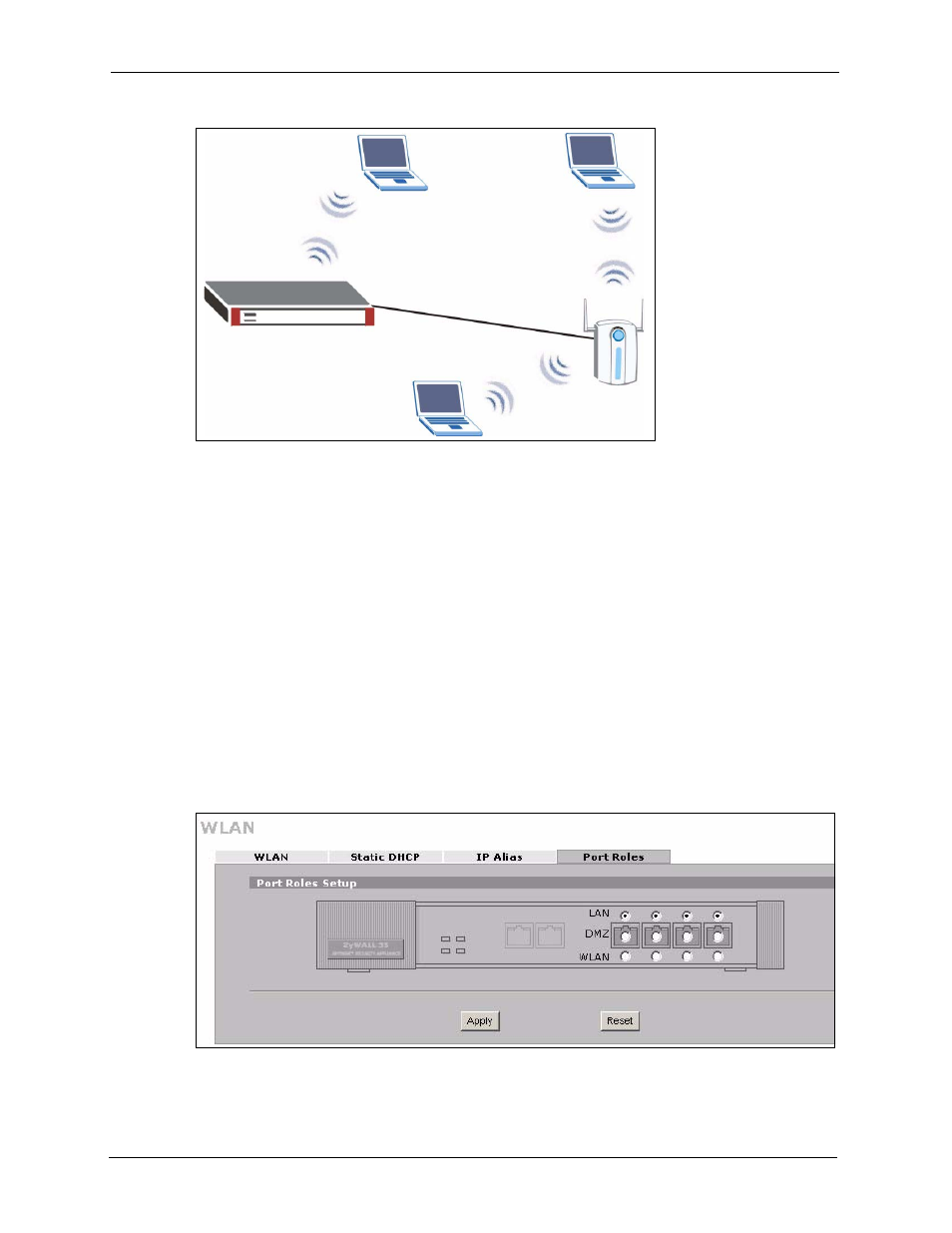 Figure 87 wlan port role example, Figure 88 network > wlan > port roles, To set | ZyXEL Communications 5 Series User Manual | Page 196 / 835
