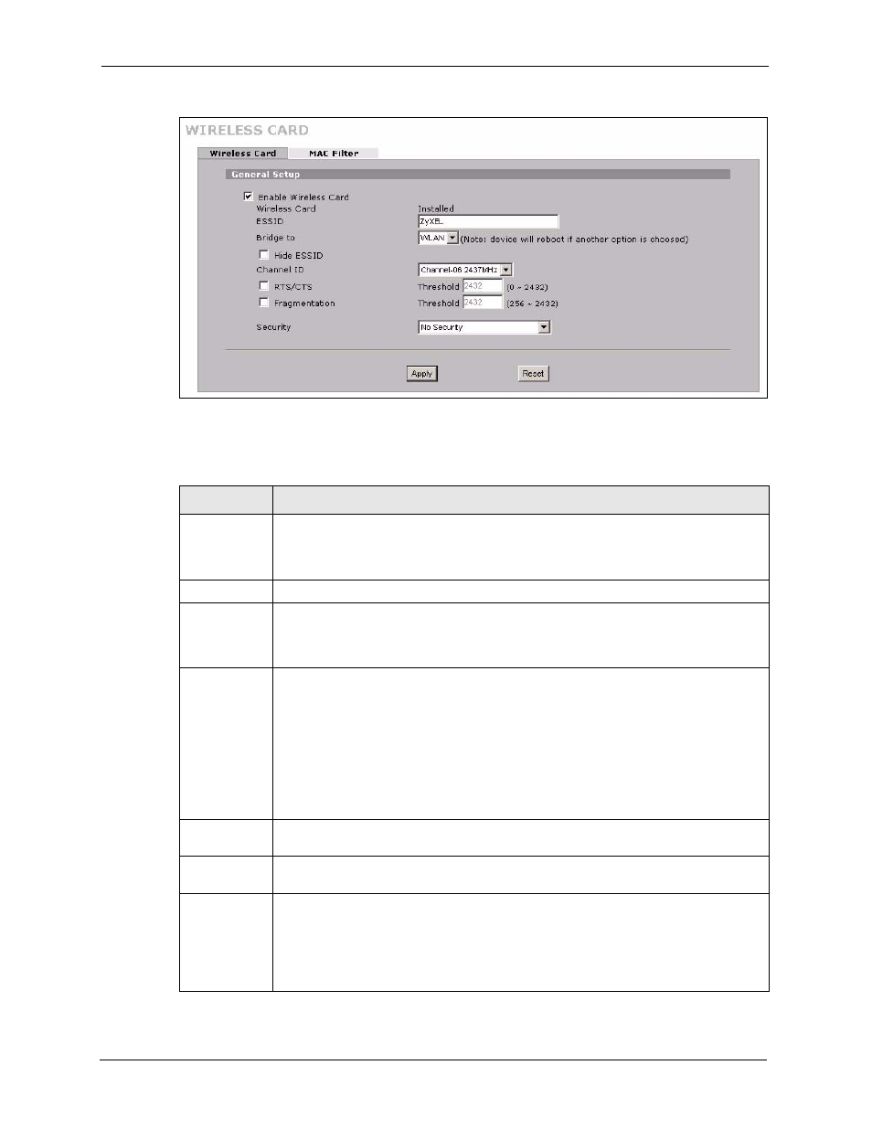 Figure 94 network > wireless card: no security, Table 55 network > wireless card: no security | ZyXEL Communications 5 Series User Manual | Page 206 / 835