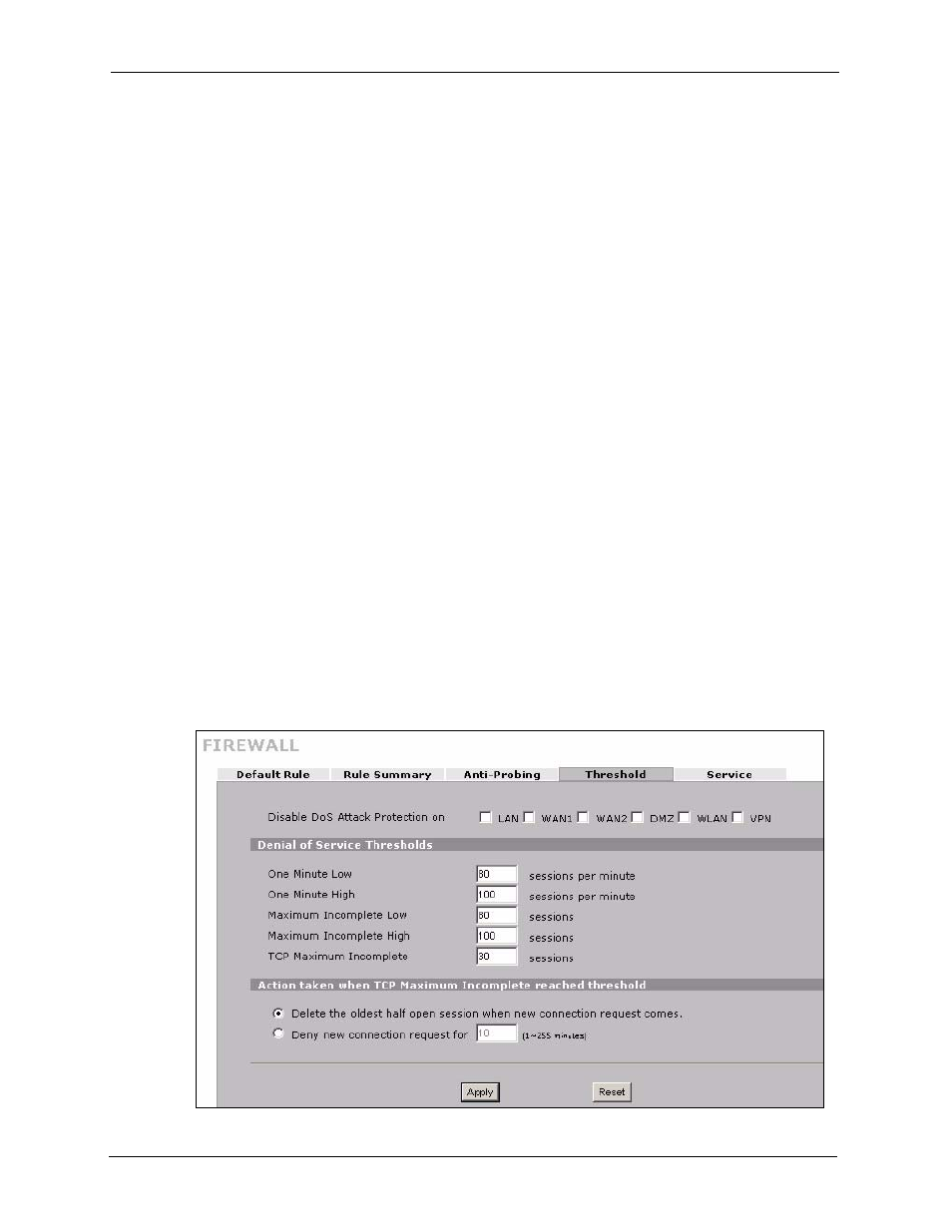 1 threshold values, 12 threshold screen, Figure 121 security > firewall > threshold | ZyXEL Communications 5 Series User Manual | Page 240 / 835