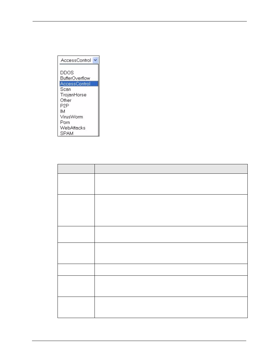Table 75 security > idp > signature: attack types | ZyXEL Communications 5 Series User Manual | Page 258 / 835