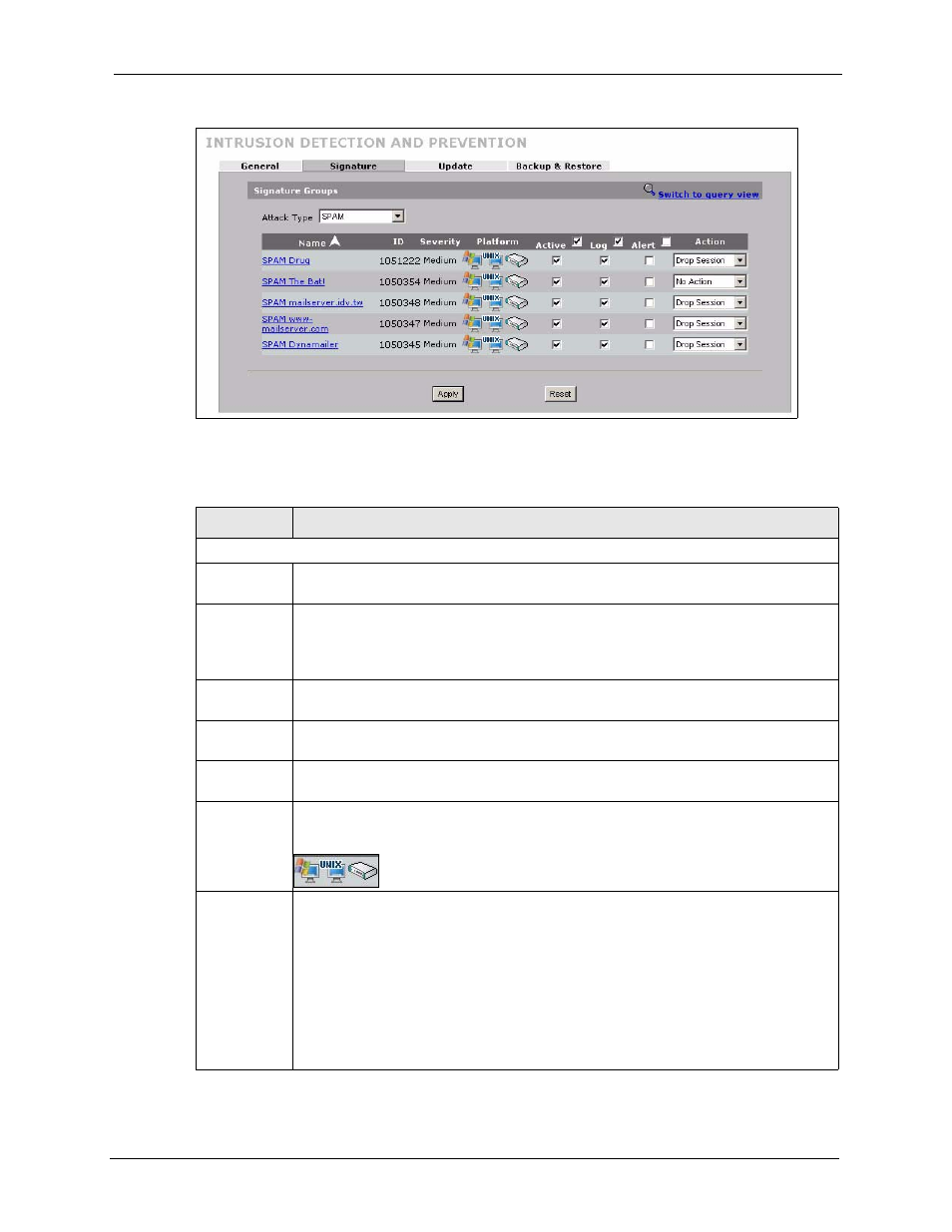 Figure 135 security > idp > signature: group view, Table 78 security > idp > signature: group view | ZyXEL Communications 5 Series User Manual | Page 261 / 835