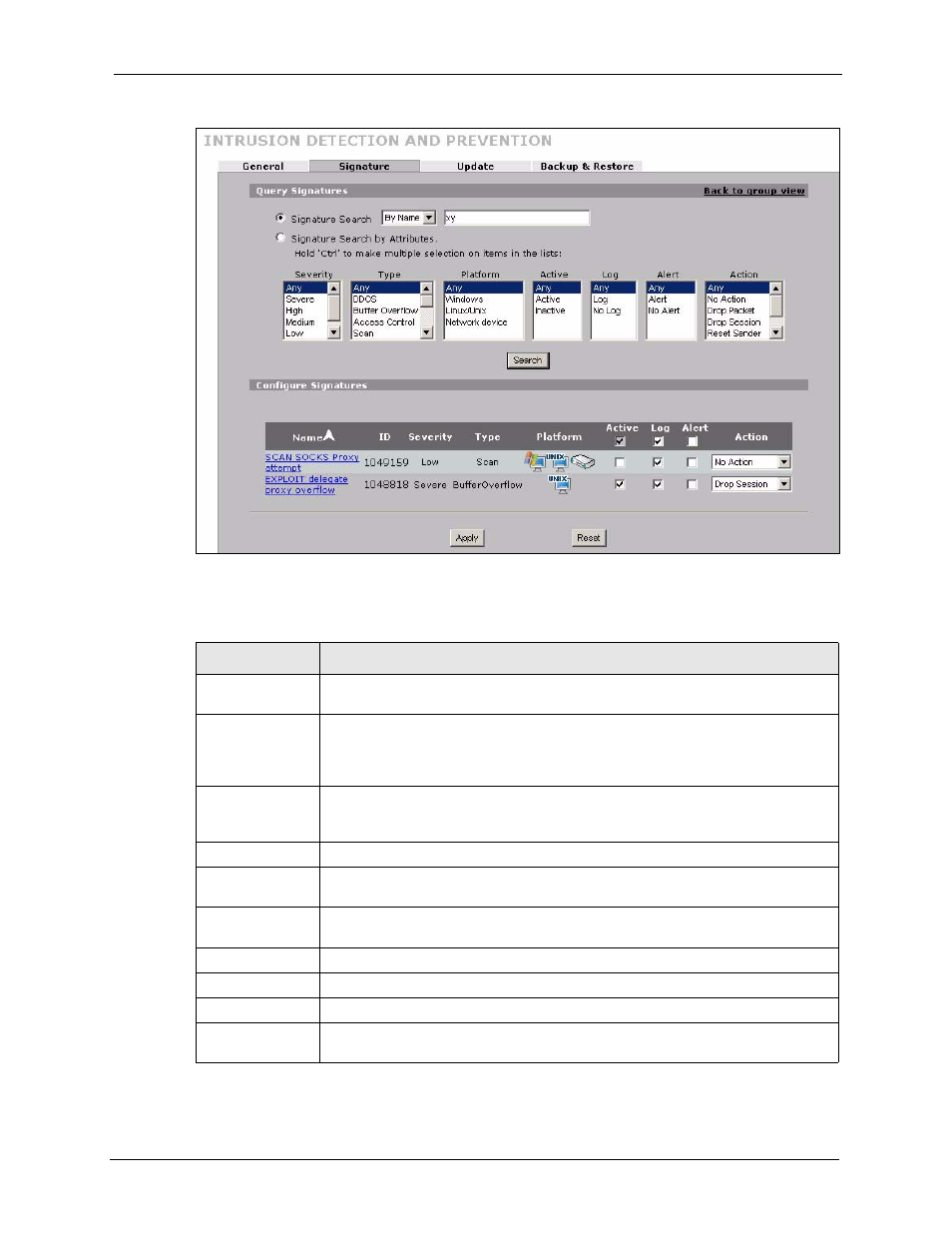 Figure 136 security > idp > signature: query view, Table 79 security > idp > signature: query view | ZyXEL Communications 5 Series User Manual | Page 263 / 835