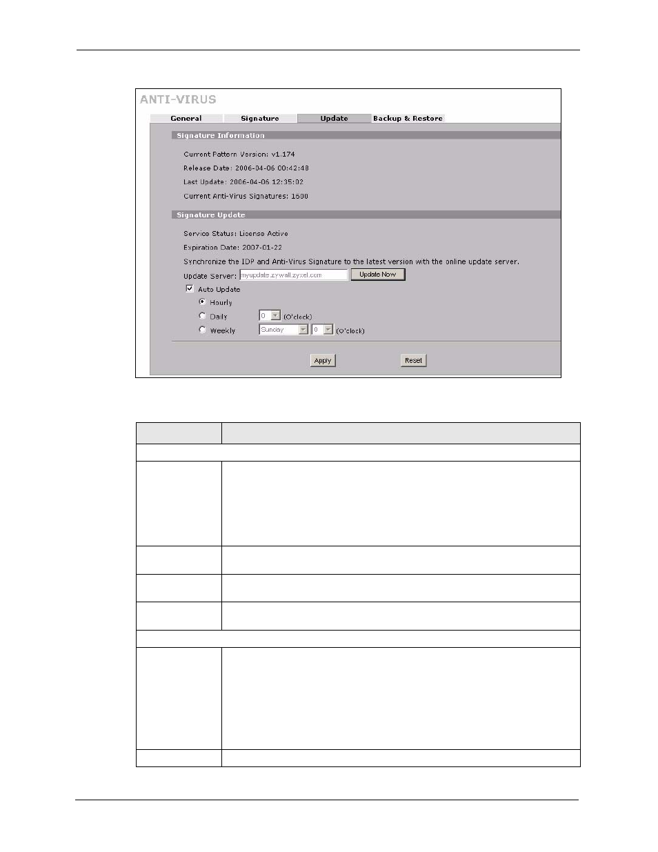 Figure 147 security > anti-virus > update | ZyXEL Communications 5 Series User Manual | Page 282 / 835