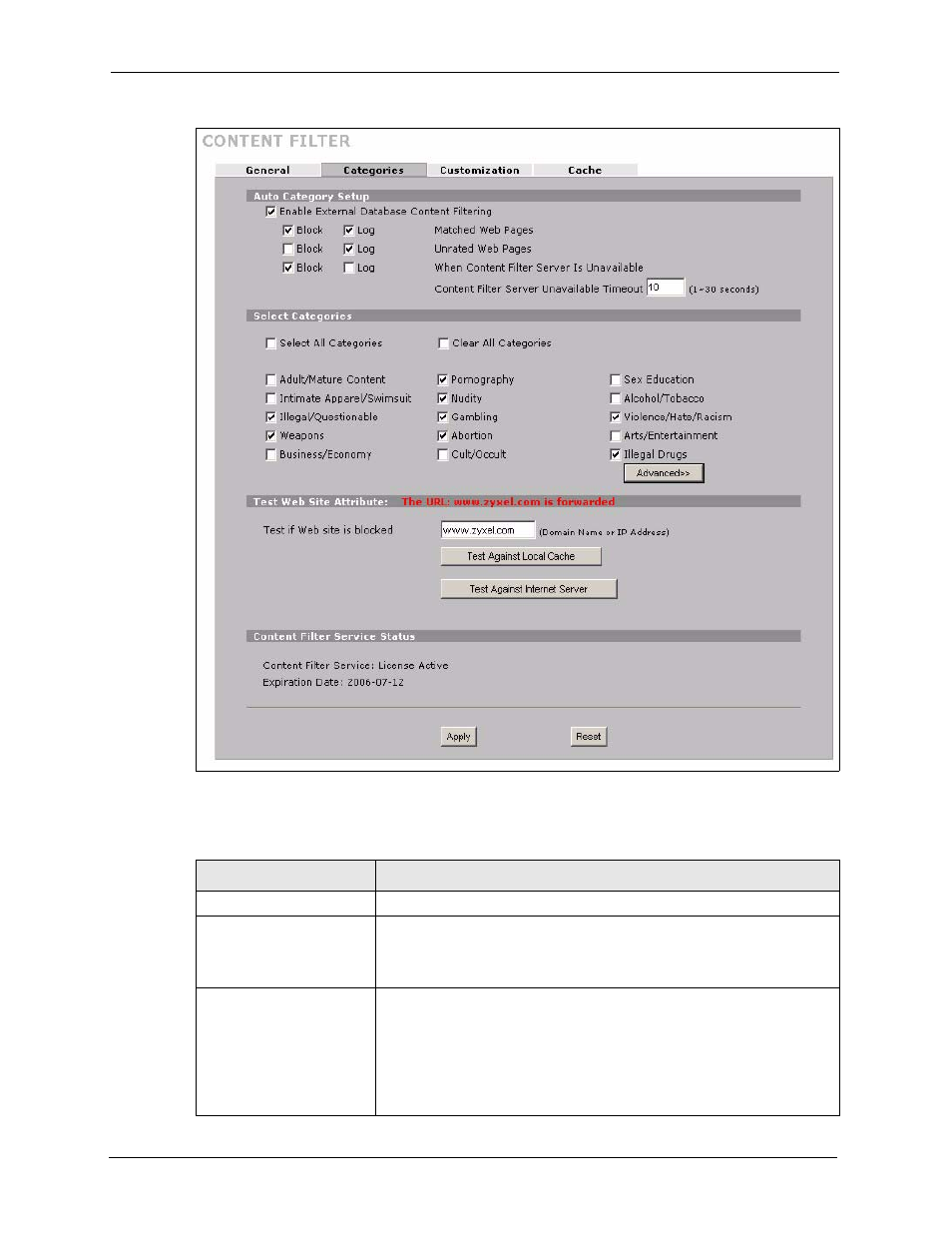 Figure 156 security > content filter > categories, Table 89 security > content filter > categories | ZyXEL Communications 5 Series User Manual | Page 304 / 835
