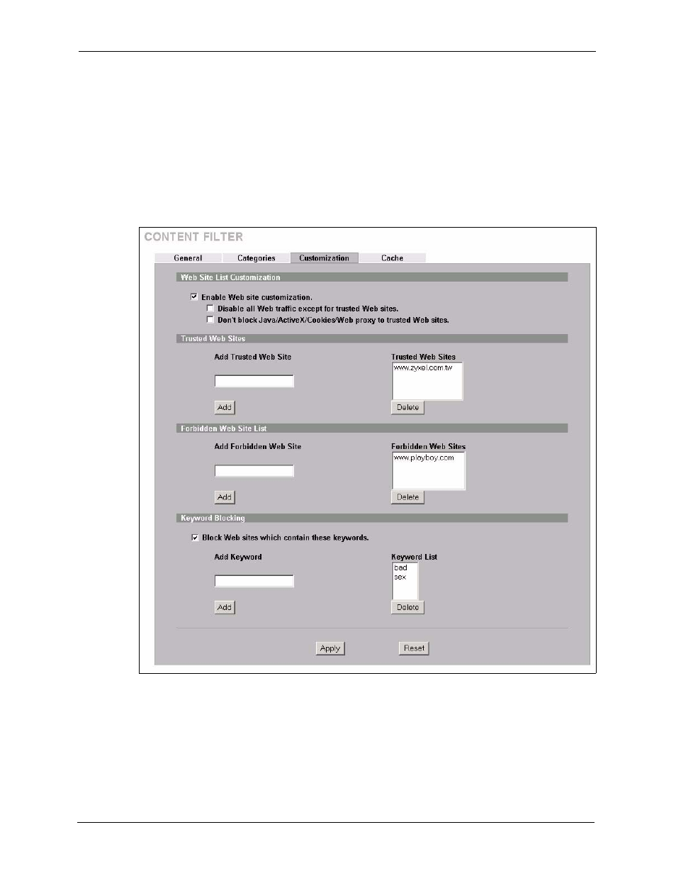5 content filter customization | ZyXEL Communications 5 Series User Manual | Page 310 / 835