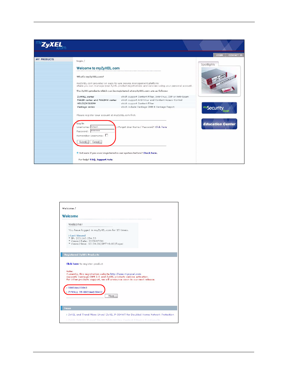 Figure 159 myzyxel.com: login, Figure 160 myzyxel.com: welcome | ZyXEL Communications 5 Series User Manual | Page 316 / 835