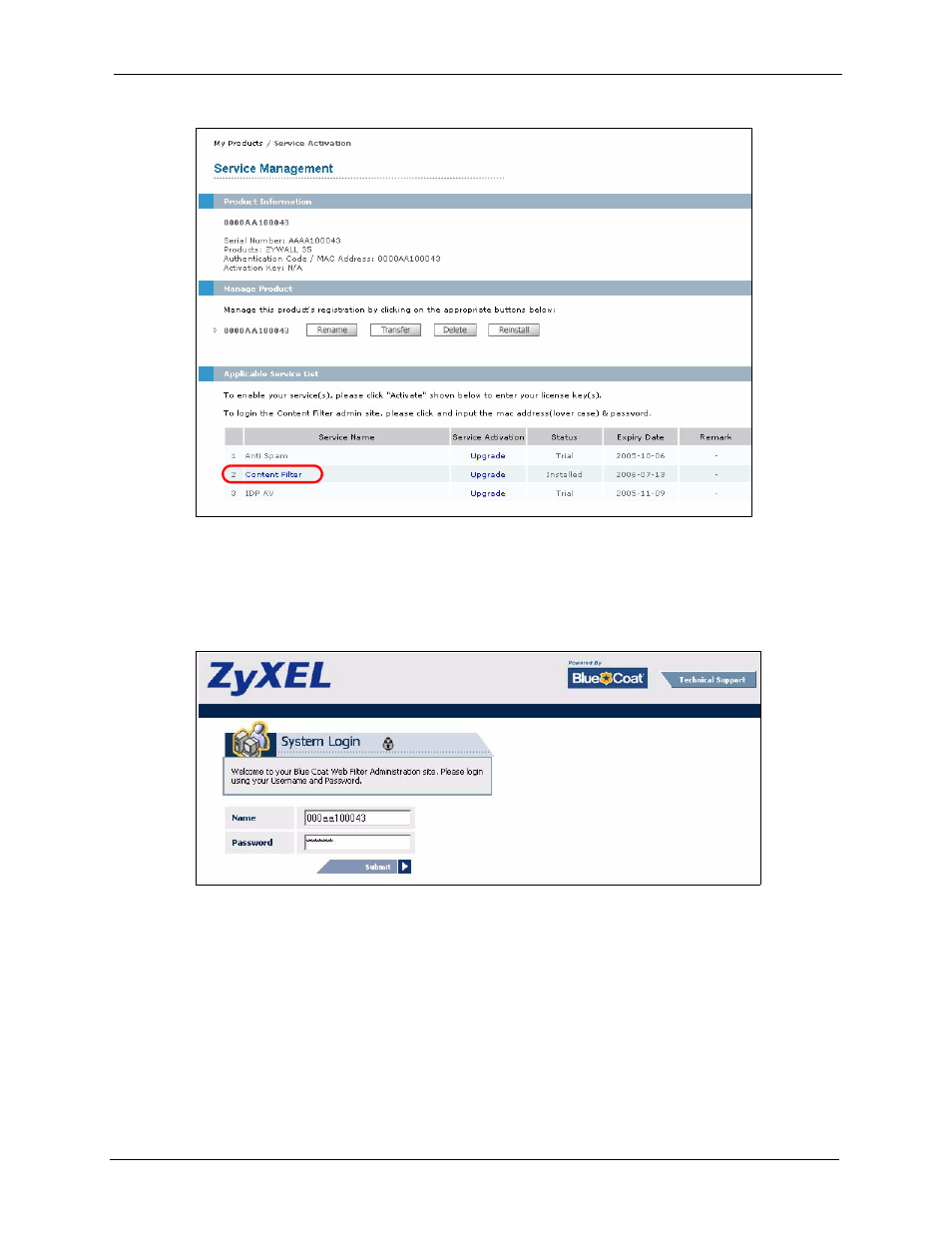 Figure 161 myzyxel.com: service management, Figure 162 blue coat: login | ZyXEL Communications 5 Series User Manual | Page 317 / 835