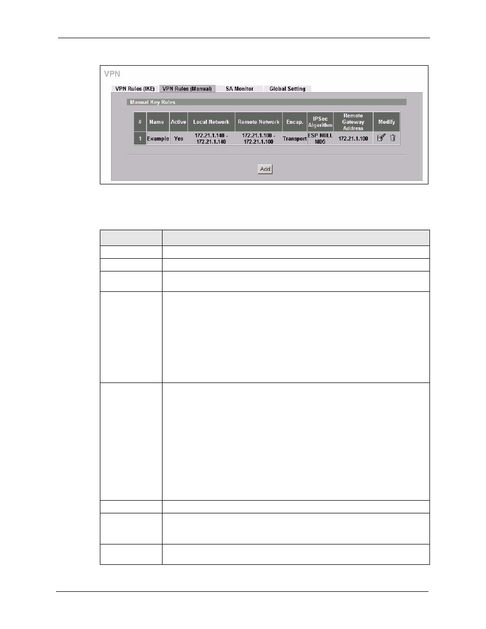 Figure 182 security > vpn > vpn rules (manual), Table 98 security > vpn > vpn rules (manual) | ZyXEL Communications 5 Series User Manual | Page 349 / 835