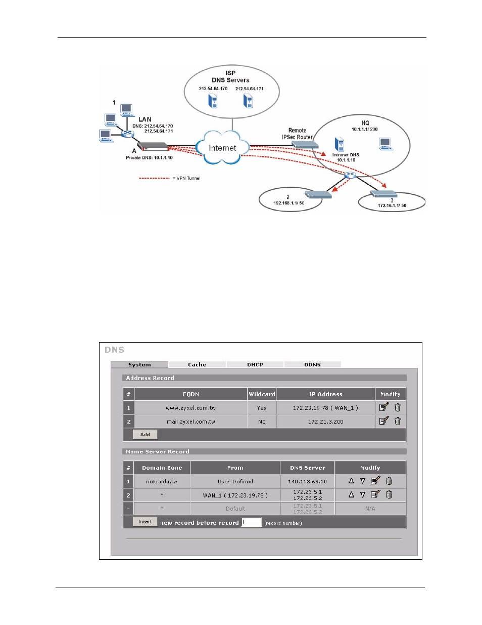 6 system screen, Figure 232 private dns server example, Figure 233 advanced > dns > system dns | ZyXEL Communications 5 Series User Manual | Page 441 / 835