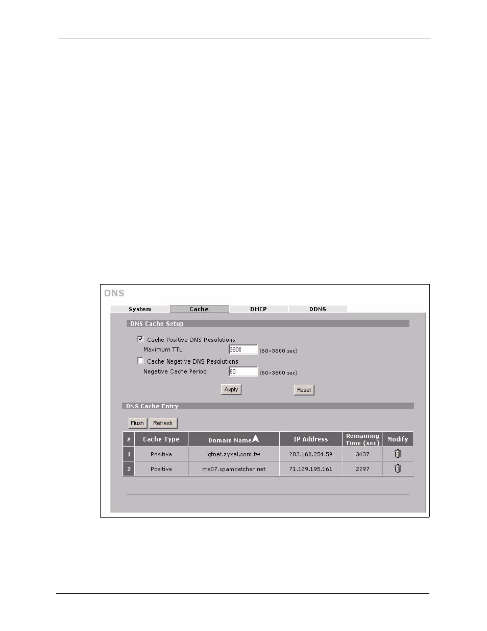 7 dns cache, 8 configure dns cache, Figure 236 advanced > dns > cache | ZyXEL Communications 5 Series User Manual | Page 445 / 835