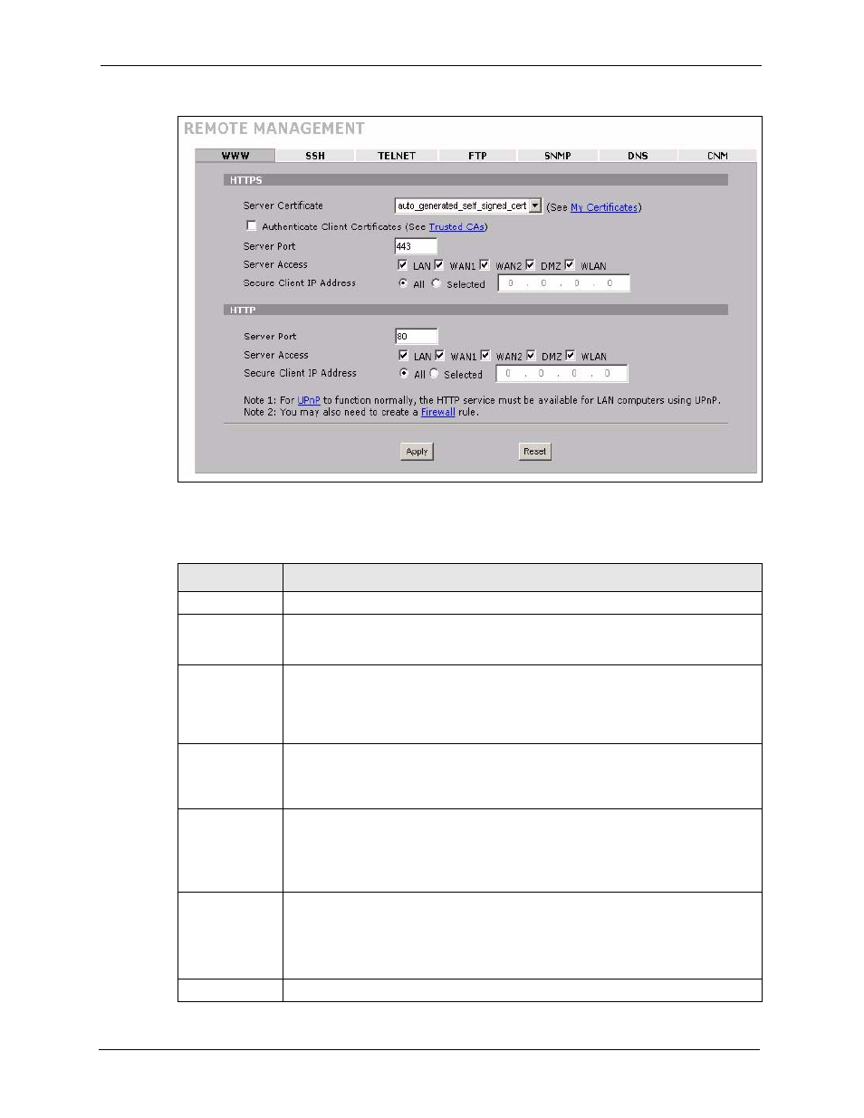 Figure 240 advanced > remote mgmt > www, Table 143 advanced > remote mgmt > www | ZyXEL Communications 5 Series User Manual | Page 454 / 835