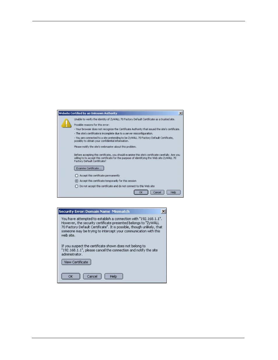 2 netscape navigator warning messages, Figure 242 security certificate 1 (netscape), Figure 243 security certificate 2 (netscape) | ZyXEL Communications 5 Series User Manual | Page 456 / 835