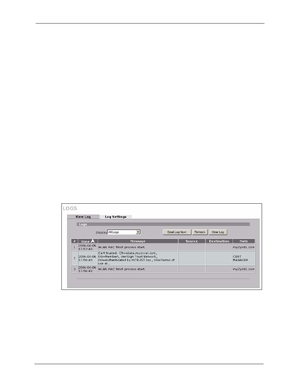 Logs screens, 1 configuring view log, Chapter 30 logs screens | Figure 282 logs > view log | ZyXEL Communications 5 Series User Manual | Page 503 / 835
