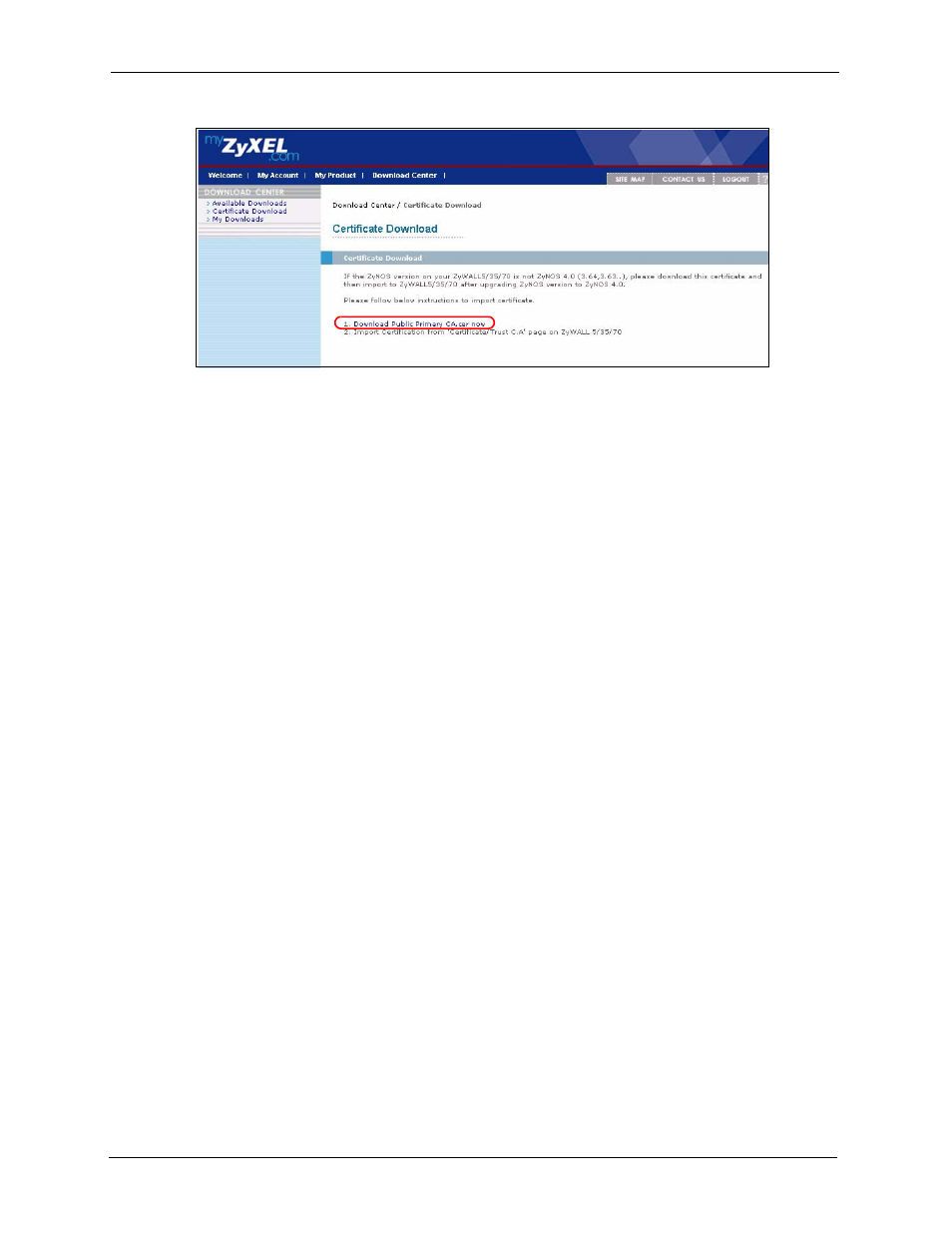 3 configuring log settings, Figure 284 myzyxel.com: certificate download | ZyXEL Communications 5 Series User Manual | Page 506 / 835