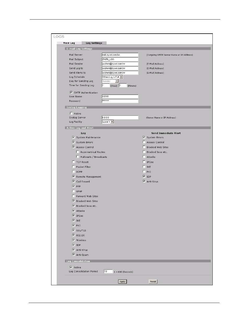 Figure 285 logs > log settings | ZyXEL Communications 5 Series User Manual | Page 507 / 835