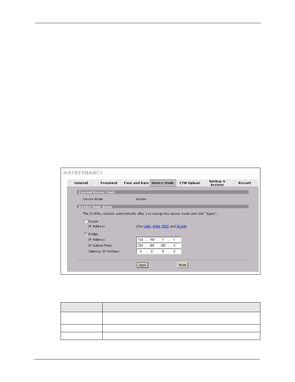 8 configuring device mode (router), Figure 292 maintenance > device mode (router mode), Table 193 maintenance > device mode (router mode) | ZyXEL Communications 5 Series User Manual | Page 539 / 835
