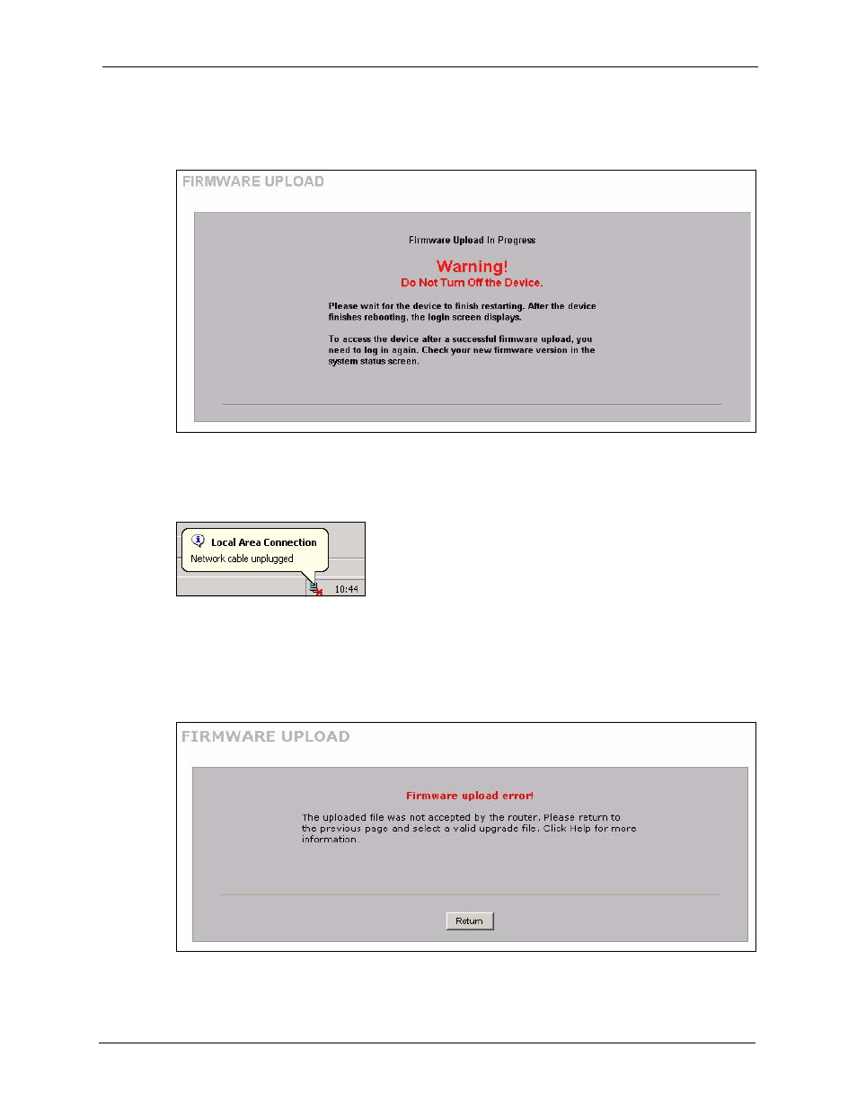 Figure 295 firmware upload in process, Figure 296 network temporarily disconnected, Figure 297 firmware upload error | ZyXEL Communications 5 Series User Manual | Page 543 / 835