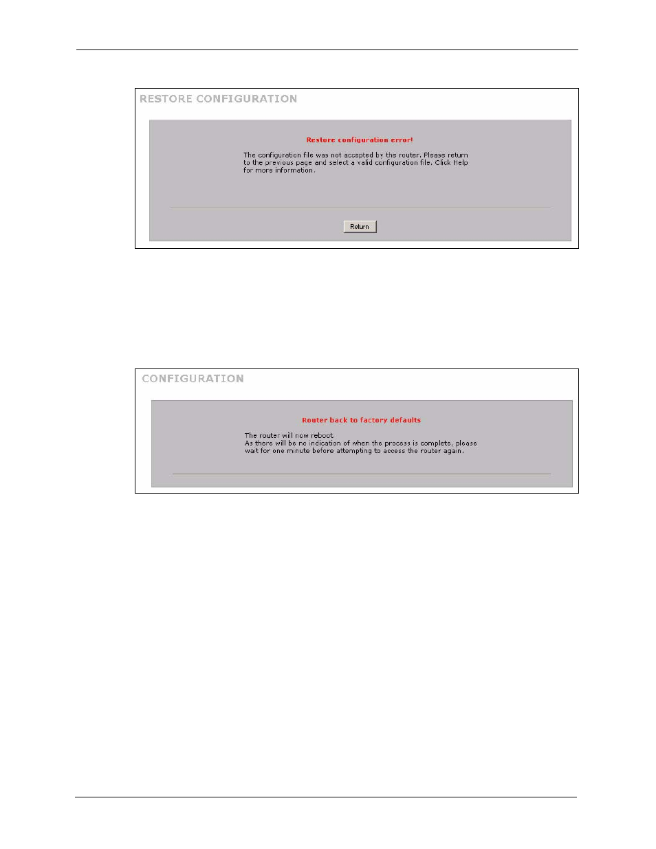 3 back to factory defaults, 12 restart screen, Figure 301 configuration upload error | Figure 302 reset warning message | ZyXEL Communications 5 Series User Manual | Page 546 / 835