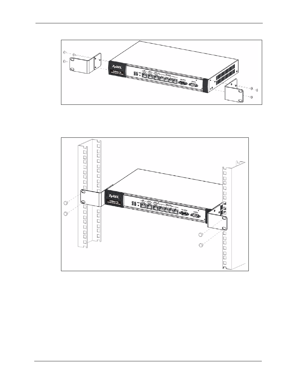 Figure 456 attaching mounting brackets and screws, Figure 457 rack mounting | ZyXEL Communications 5 Series User Manual | Page 725 / 835