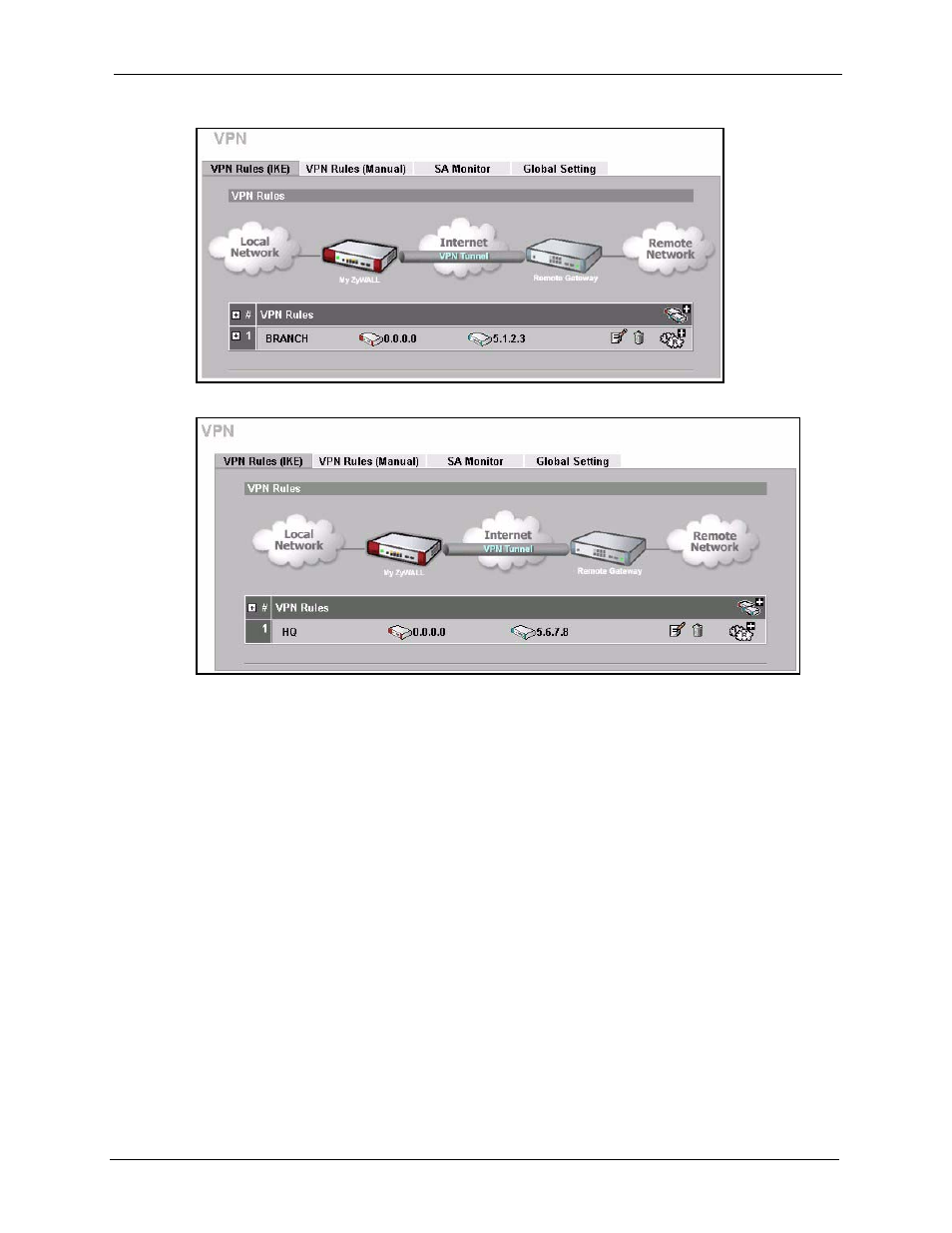 Figure 498 headquarters vpn rule, Figure 499 branch office vpn rule | ZyXEL Communications 5 Series User Manual | Page 779 / 835