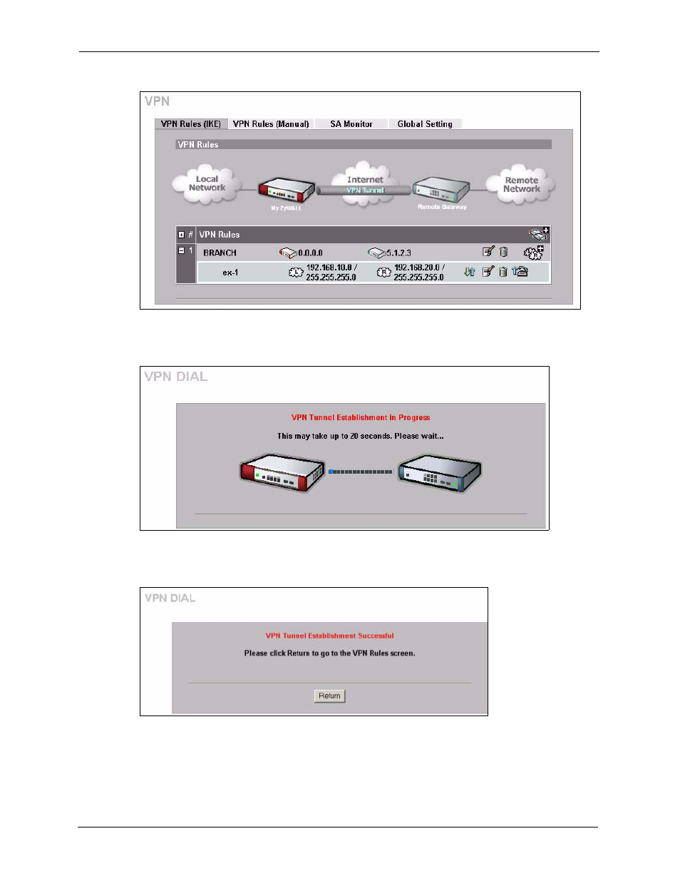 Figure 502 vpn rule configured, Figure 503 vpn dial, Figure 504 vpn tunnel established | ZyXEL Communications 5 Series User Manual | Page 782 / 835