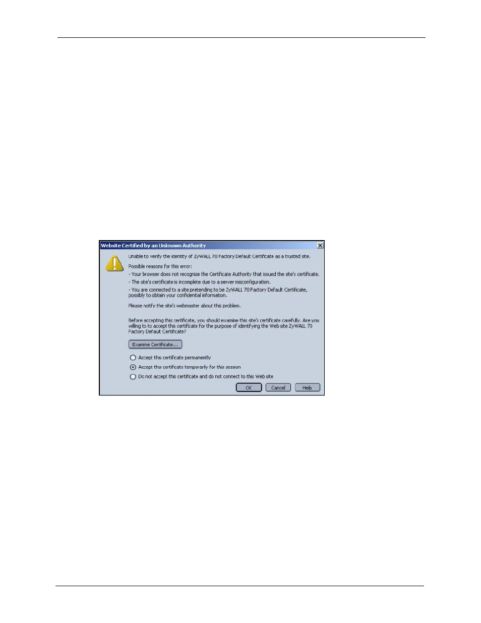 Importing certificates, Appendix j, Figure 507 security certificate | ZyXEL Communications 5 Series User Manual | Page 787 / 835