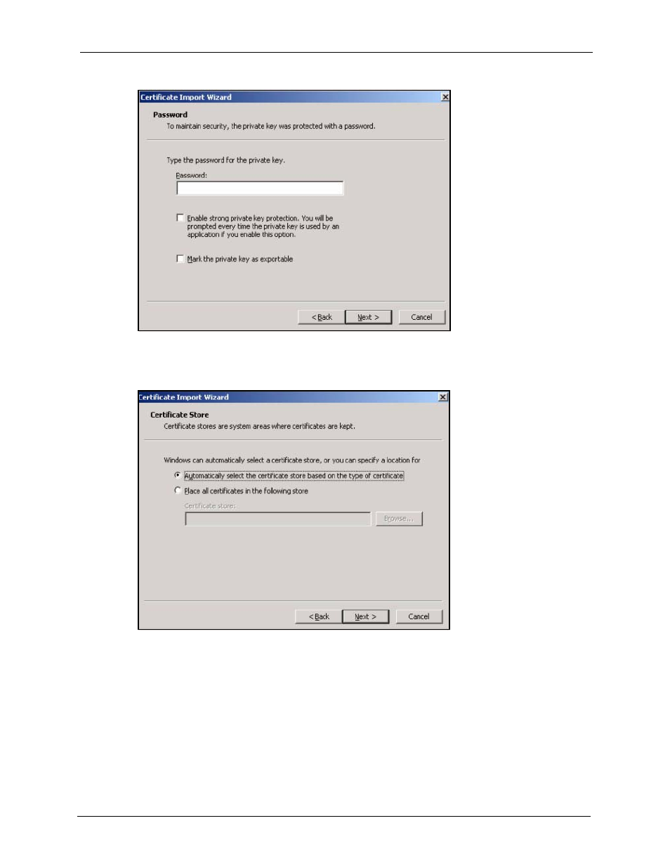 Figure 519 personal certificate import wizard 3, Figure 520 personal certificate import wizard 4 | ZyXEL Communications 5 Series User Manual | Page 795 / 835