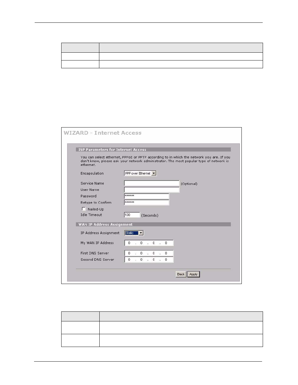 2 pppoe encapsulation, Figure 19 isp parameters: pppoe encapsulation, Table 13 isp parameters: pppoe encapsulation | ZyXEL Communications 5 Series User Manual | Page 92 / 835