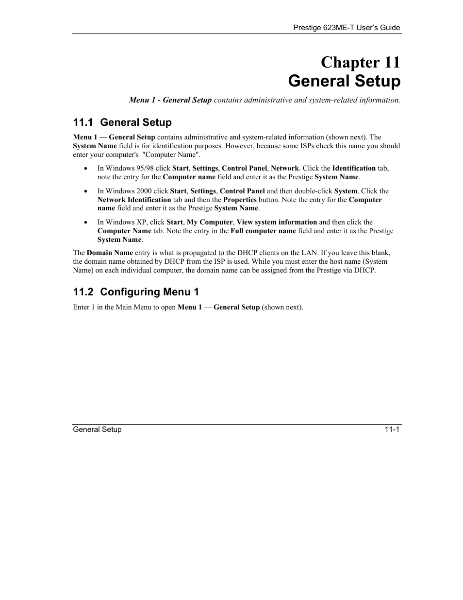 General setup, Configuring menu 1, Chapter 11 general setup | 1 general setup, 2 configuring menu 1 | ZyXEL Communications Prestige 623ME-T User Manual | Page 101 / 253